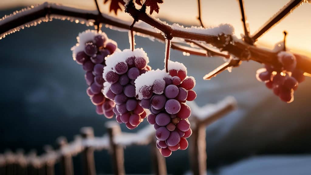 Rote Weintrauben im Winter mit Schnee – Grundlage für Eiswein und Dessertwein