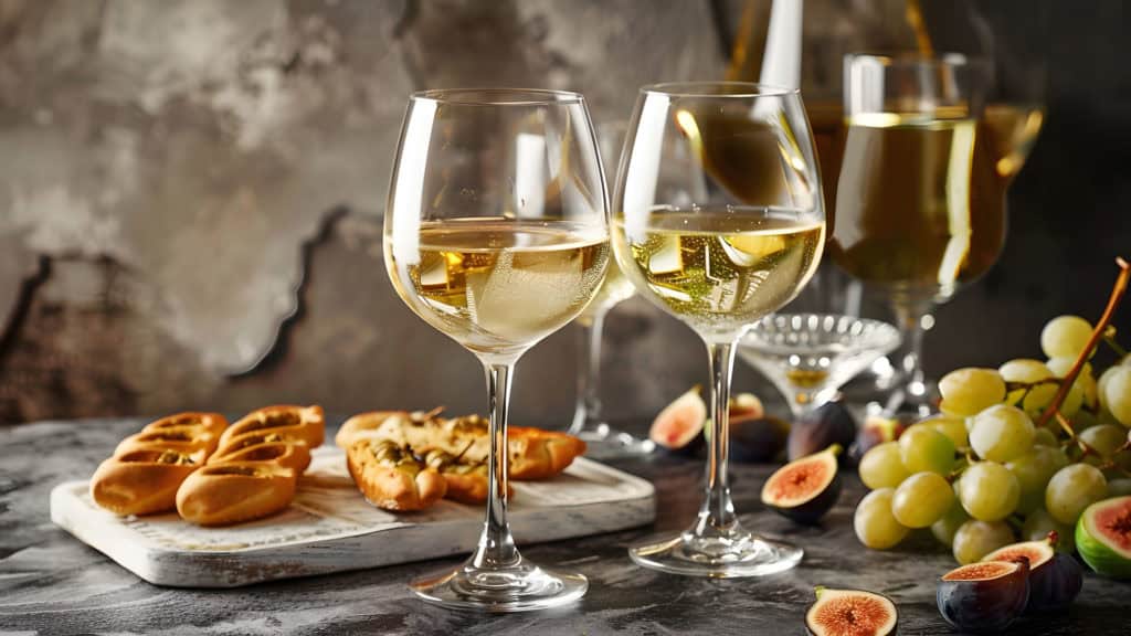 Ermitage vin clair dans un verre à vin à côté d'une assiette avec de la nourriture sur la table