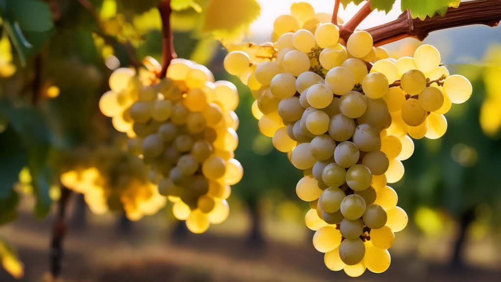 Ermitage raisins clairs accrochés à la vigne dans le vignoble