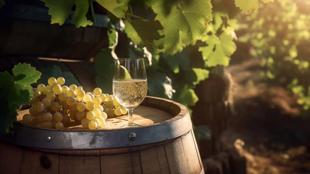 Ermitage raisins clairs sur une barrique en bois et verre à vin rempli