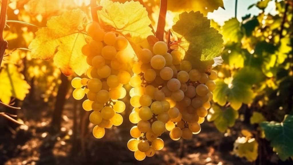 Marsanne-Weissweintrauben im Weinberg – Reifephase der Trauben