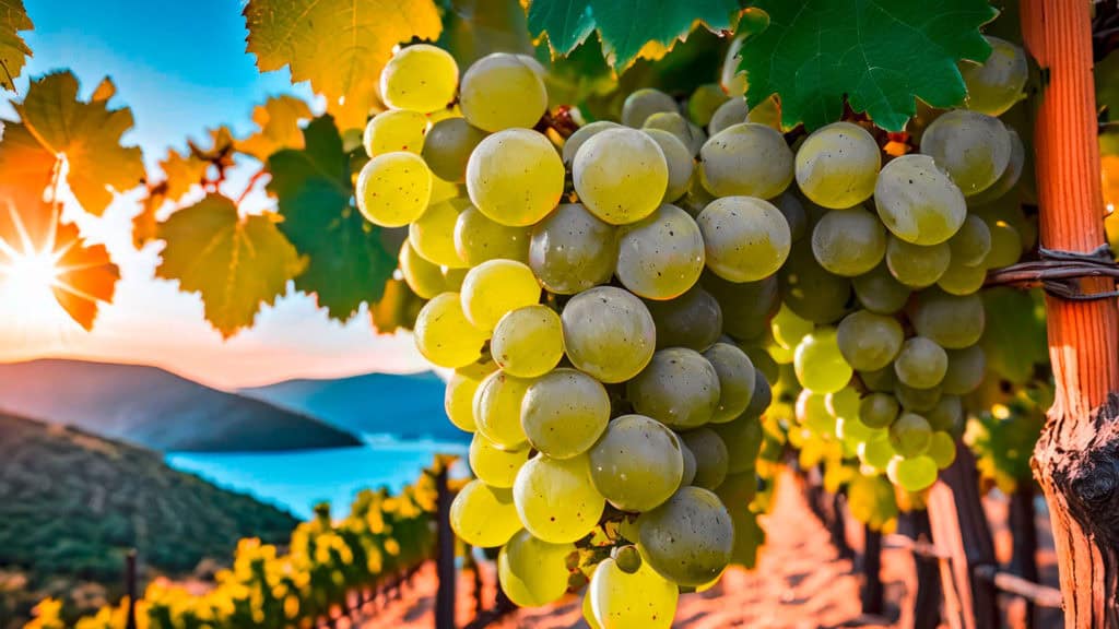 Reife Muscat Weintrauben hängen an einem Weinstock in einem sonnigen Weinberg mit Blick auf Hügel und Wasser im Hintergrund