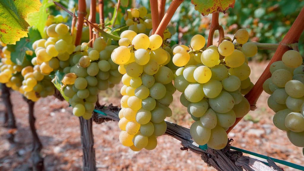 Mehrere Muscat Trauben hängen an Rebstöcken in einem Weinberg