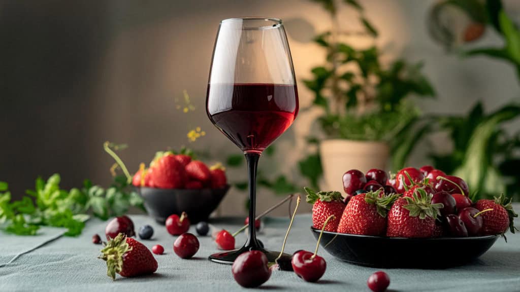 Weinglas mit Pinot Noir auf Tisch neben Schale mit Erdbeeren und verstreuten Kirschen