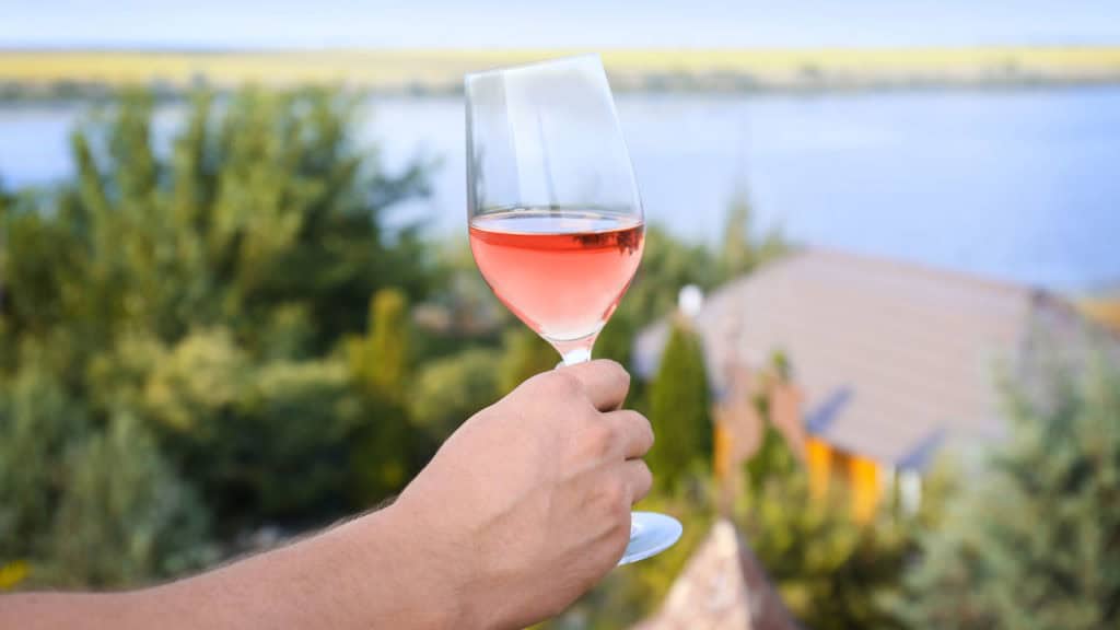 Roséwein im Glas, gehalten von einer Hand vor einer malerischen Landschaft am Wasser.