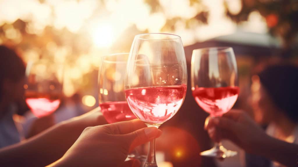 Mehrere Hände stossen mit Weingläsern voller Roséwein bei Sonnenuntergang an