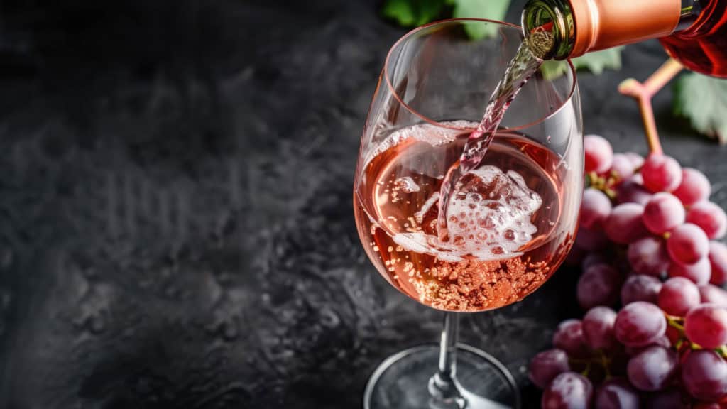 Glas mit sprudelndem Roséwein und frischen Trauben im Hintergrund.
