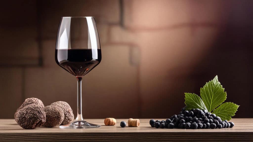 Weinglas mit Rotwein auf Holztisch neben schwarzen Beeren, grünen Blättern, Trüffeln und Korken