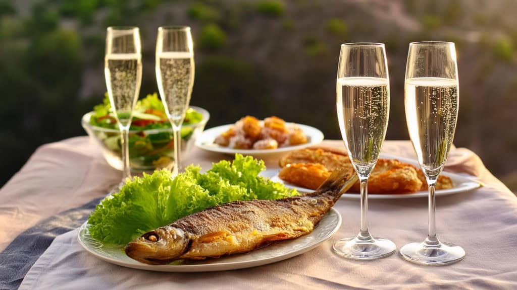Schaumwein serviert zu Fisch und Salat – perfekte Kombination zu leichten Gerichten