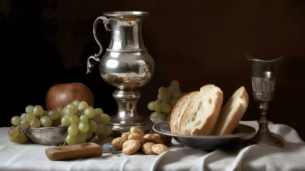 Weissweintrauben mit Zinkanne und Becher – traditionelle Weinherstellung