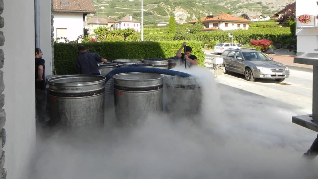 Mehrere grosse Metallfässer stehen im Freien, aus einem Fass strömt dichter Nebel, mehrere Personen bedienen Schläuche und Geräte, Weissweinherstellung draussen