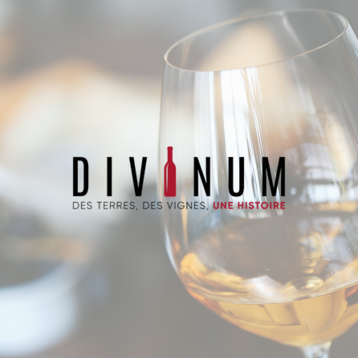 Weinglas mit hellem Wein vor unscharfem Hintergrund und Schriftzug 'DIVINUM' mit roter Weinflasche als Buchstabe I und französischem Text darunter
