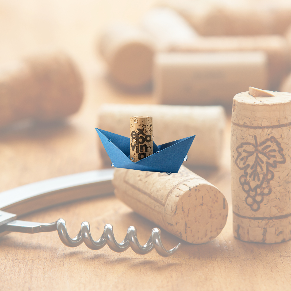 Blauer Papierboot mit Weinkorken 'expovina' als Mast vor mehreren Weinkorken und einem Korkenzieher auf Holzuntergrund