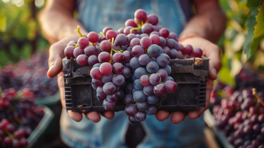 Weinbauer erntet Rotweintrauben im Weinberg für die Rotweinherstellung