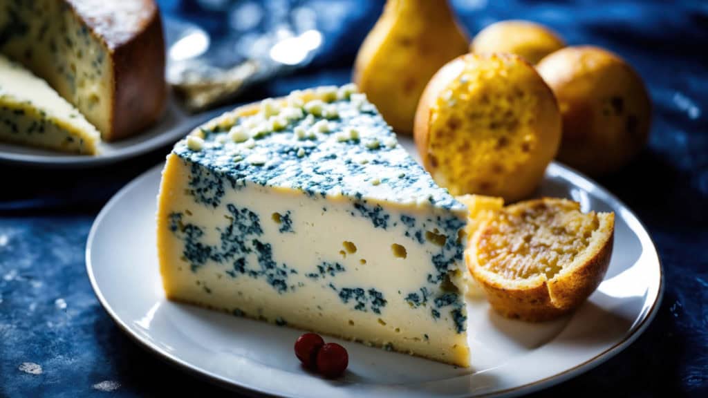 Blauschimmelkäse auf Holzbrett, Wein & Käse Kombination