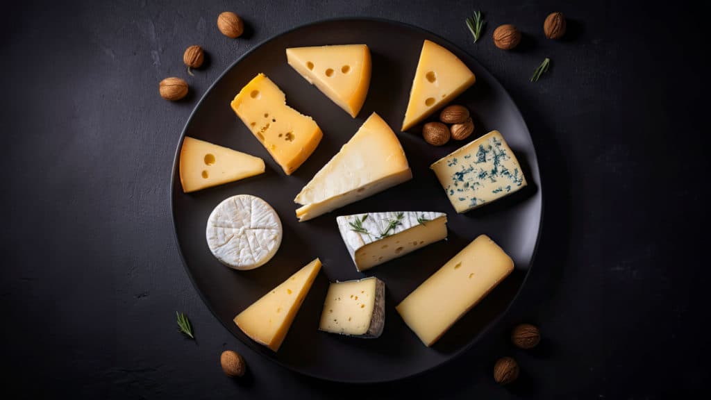 Verschiedene Käsesorten auf Holzbrett, Wein & Käse Arrangement