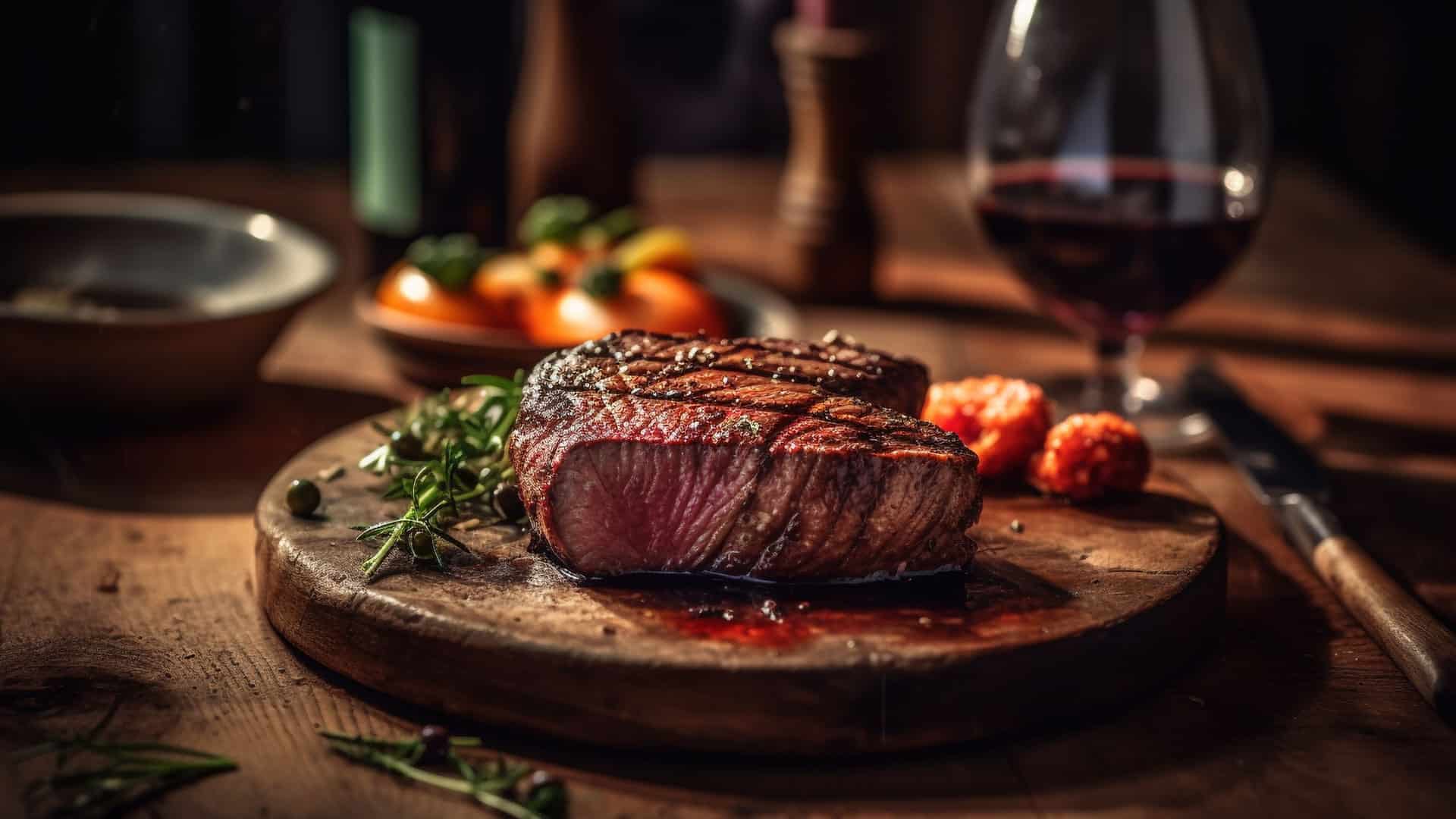 wein wild gegrilltes steak auf einem holzbrett
