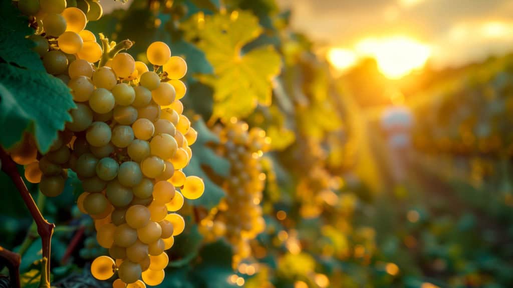 Weinberg mit reifen Trauben, Weissweinherstellung beginnt mit Lese der Trauben