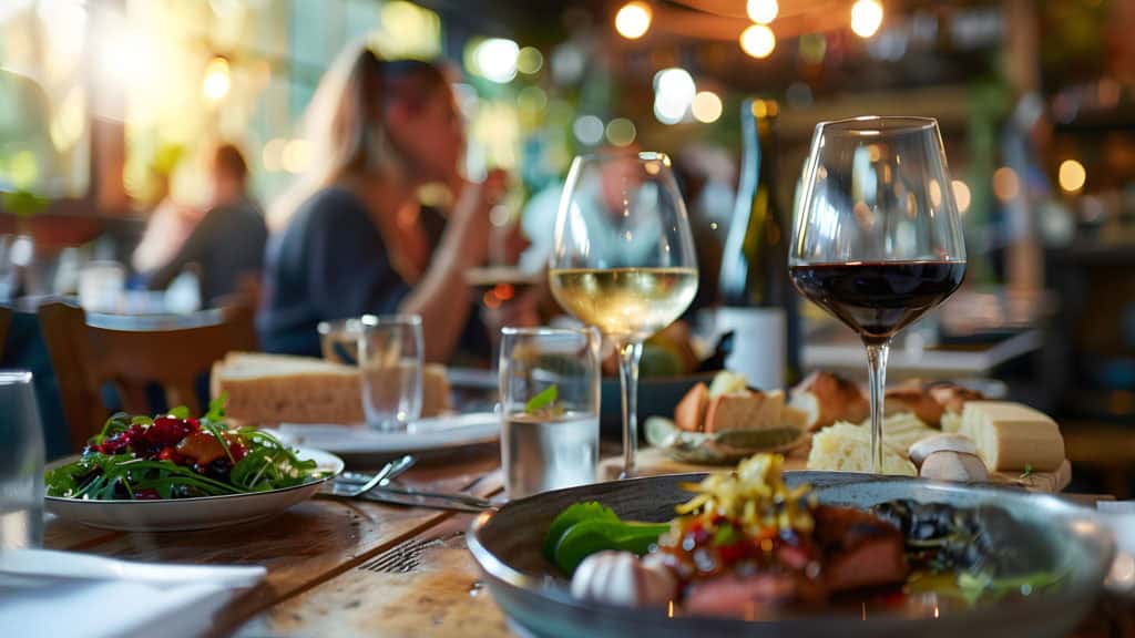 Winepairing: Weisswein- und Rotweinglas auf gedecktem Tisch mit Teller und Besteck