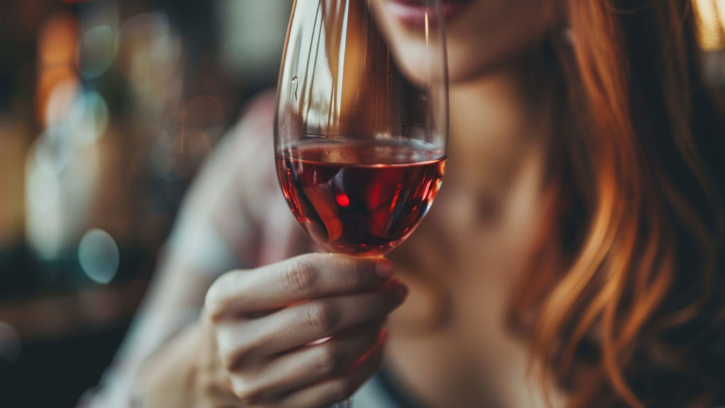 Frau riecht an Rotweinglas – sensorische Weinprüfung