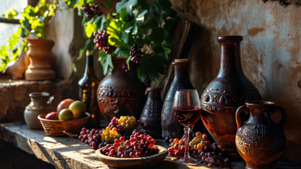 Amphoren, Weinglas und Trauben auf einem Tisch, Darstellung traditioneller Weinlagerung und Nährstoffgehalt