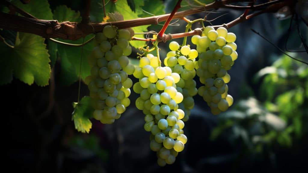 Helle Weissweintrauben am Rebstock im Weinberg, Traubenqualität als Basis der Weinqualität