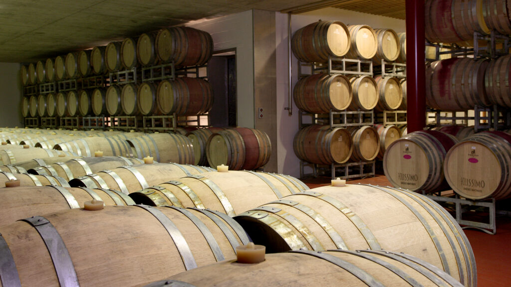 chai à barriques avec fûts de bois pour la fermentation, caves sombres