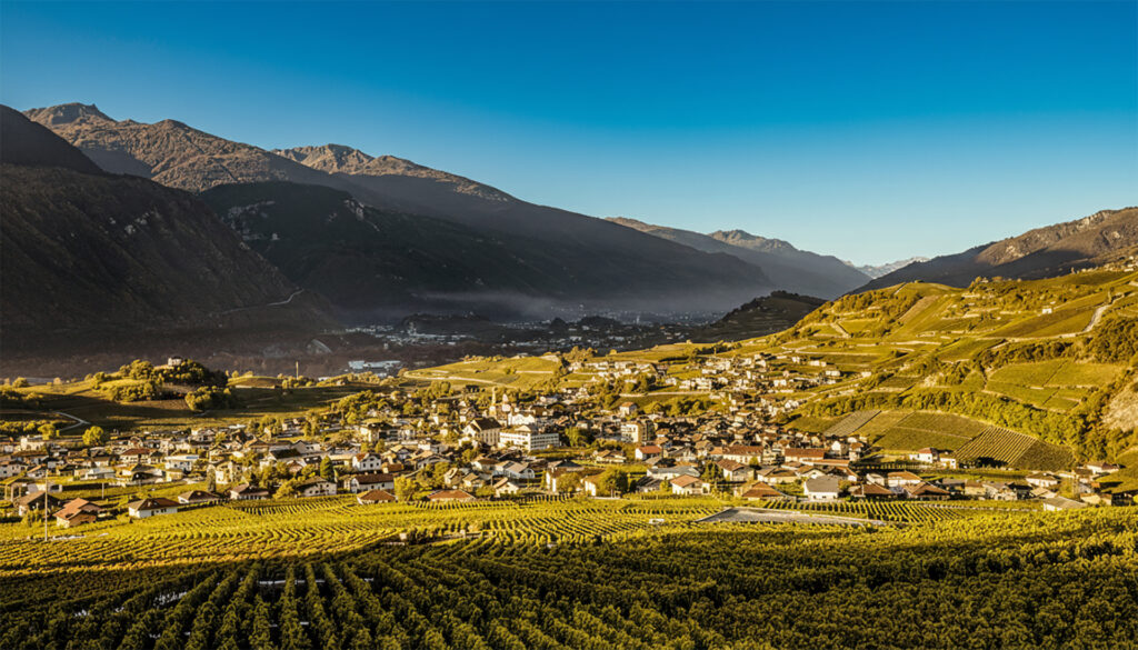 Village viticole de Salquenen avec vignobles en Valais, origine de vins grands crus