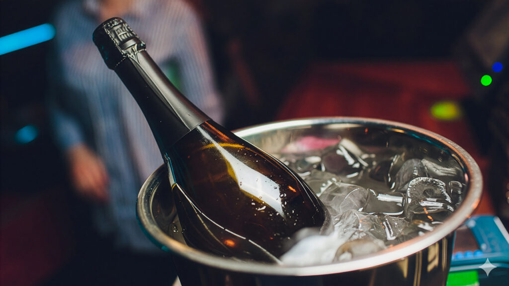 Gekühlter Schaumwein in Sektflasche, Fokus auf Haltbarkeit und Lagerung