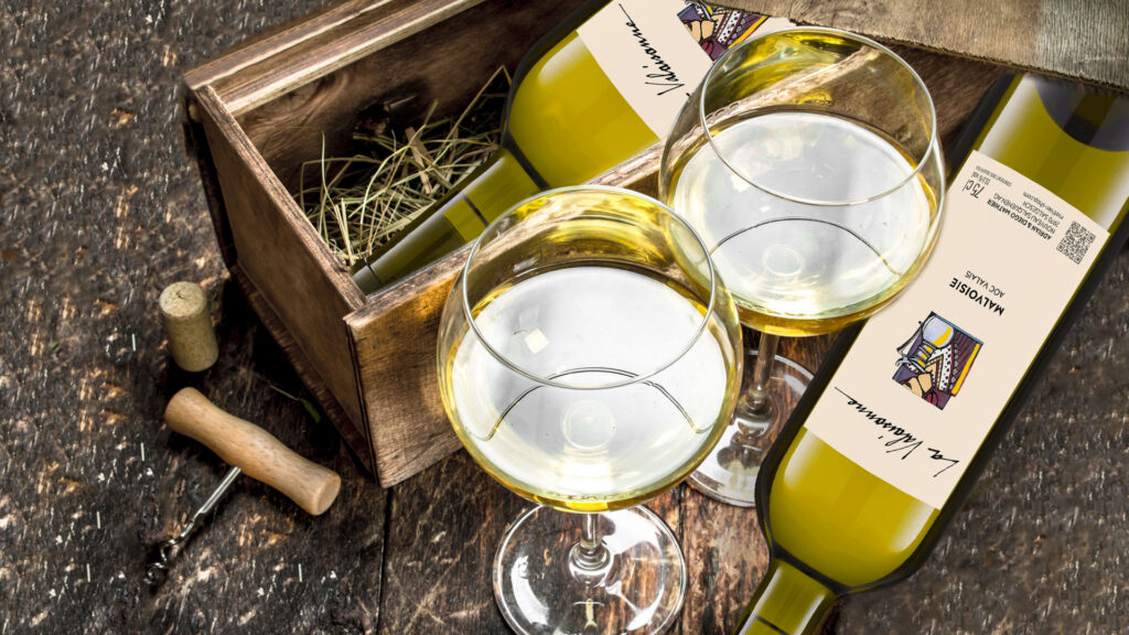 Weissweinflasche und Weissweingläser – Malvoisie‑Wein serviert zum Genuss