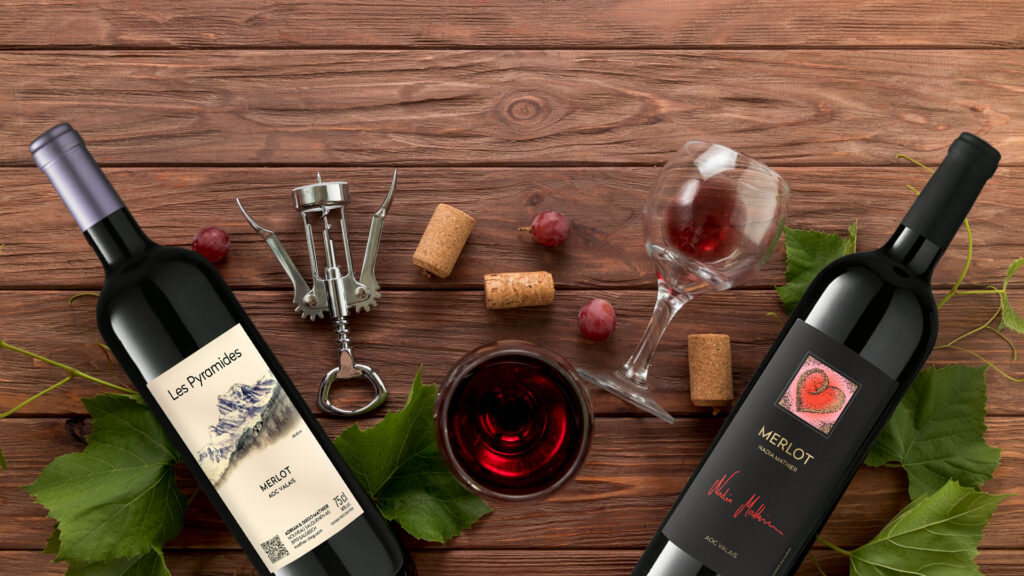 Mehrere Merlot-Weinflaschen auf einem Tisch – Merlot-Weine von Mathier