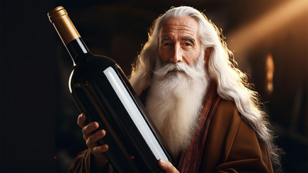 Älterer Mann mit langem weissem Bart hält dunkle Methusalem Weinflasche in beiden Händen