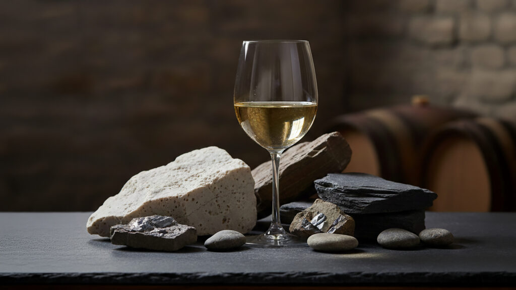 Weissweinglas auf einem Schiefertisch mit verschieden Steinen, Darstellung der Mineralität im Wein