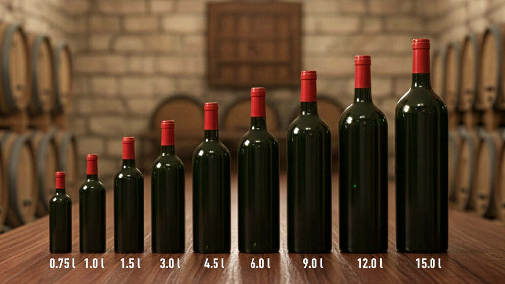 Verschiedene Weinflaschengrössen inklusive Nebukadnezar – Übersicht der Formate