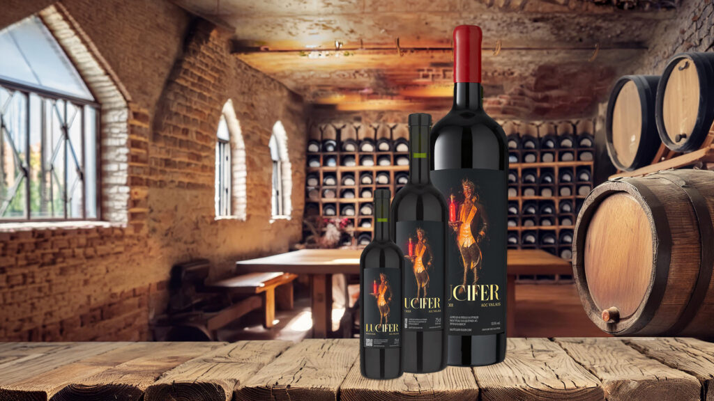 Trois bouteilles de Pinot Noir de tailles différentes, avec une étiquette noire et une illustration rouge, sont posées sur une table en bois dans une cave à vin aux murs de briques et aux tonneaux de vin.