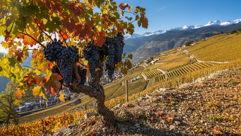 Cornalin‑Weintrauben am Rebstock – autochthone Rebsorte im Wallis