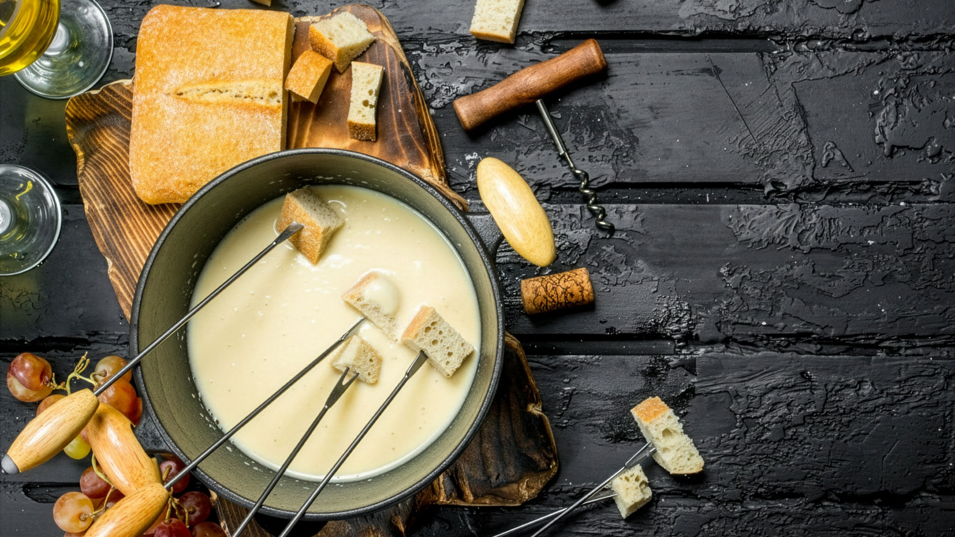 Käsefondue in einem Topf mit mehreren Brotwürfeln auf Fonduegabeln, umgeben von Brotstücken, Weinflaschen und Korken auf dunklem Untergrund.