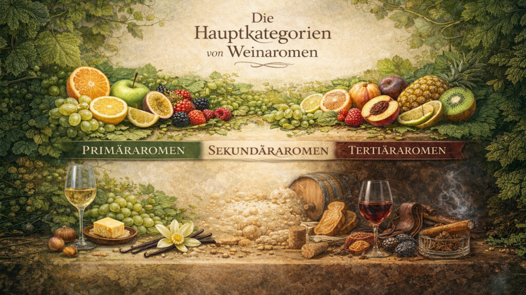 Hauptkategorien von Weinaromen – fruchtig, blumig, würzig, erdig