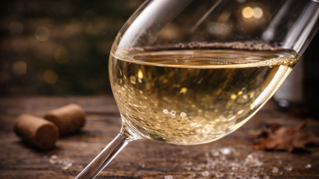 Tartar in white wine in glass, bright surroundings, glass partially filled