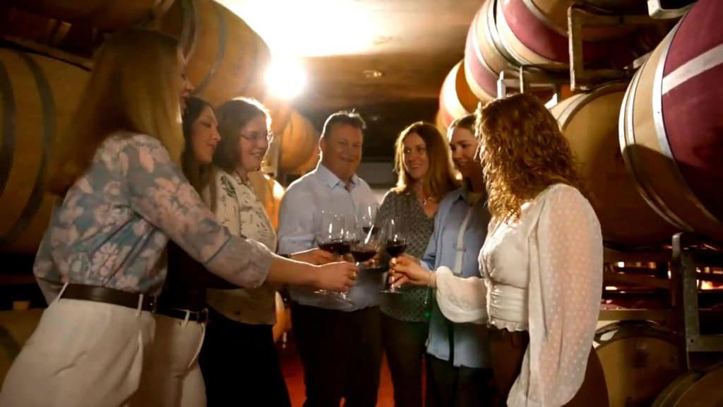 Spitzenweine 65 Gruppen von Menschen, die mit einem Glas Rotwein im Weinkeller anstossen