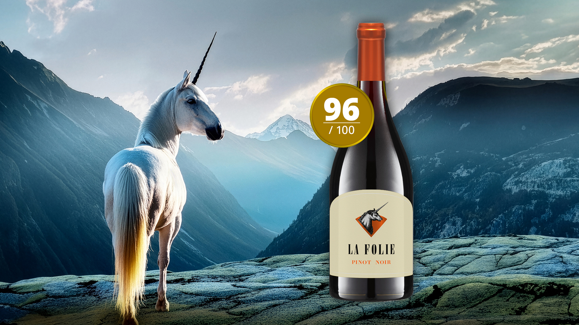 Flasche La Folie Pinot Noir mit Bewertung 96/100 vor Berglandschaft, links ein Einhorn auf Felsen.