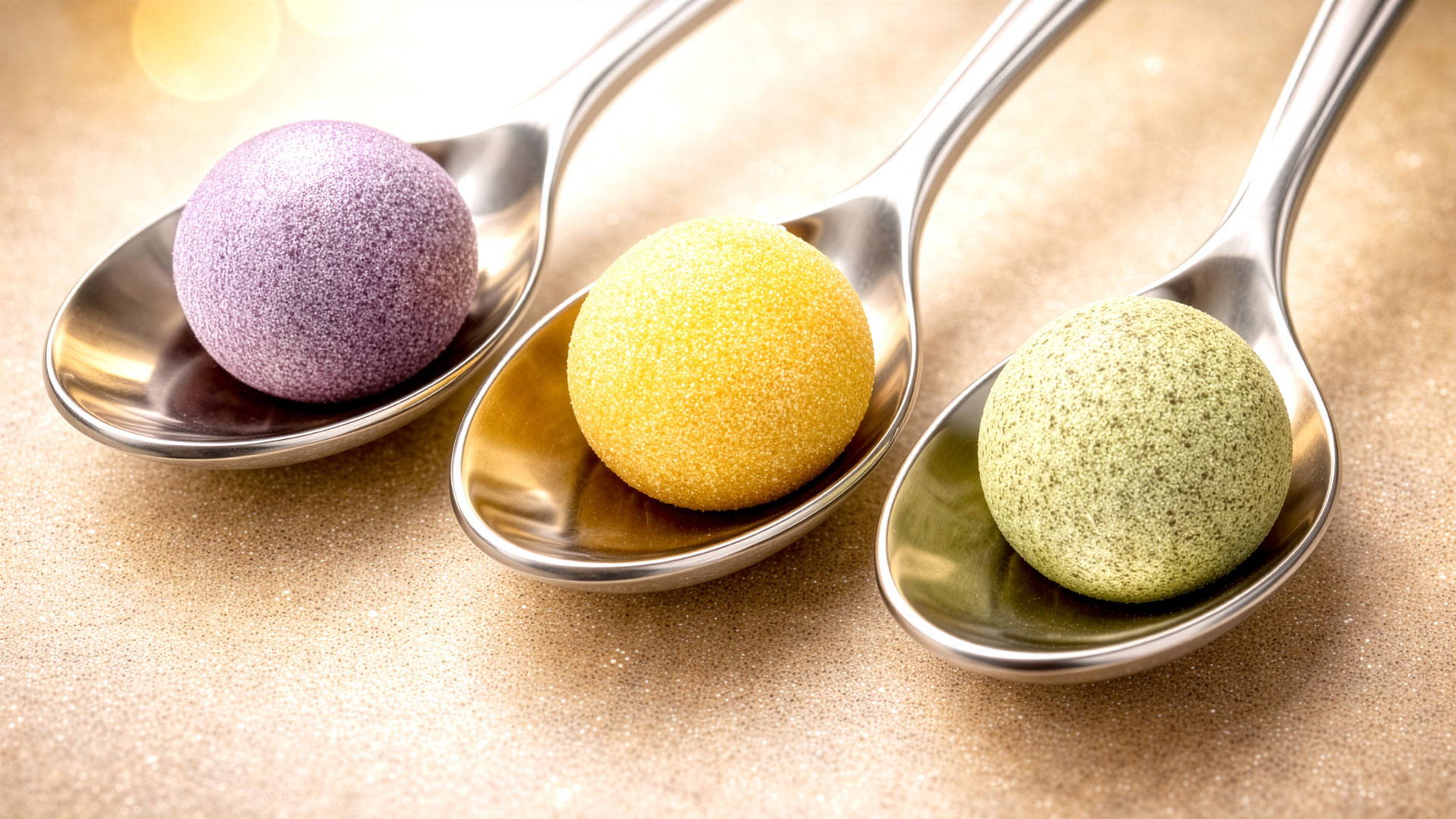 Drei runde Pralinen in Lila, Gelb und Grün liegen jeweils auf einem silbernen Löffel nebeneinander.