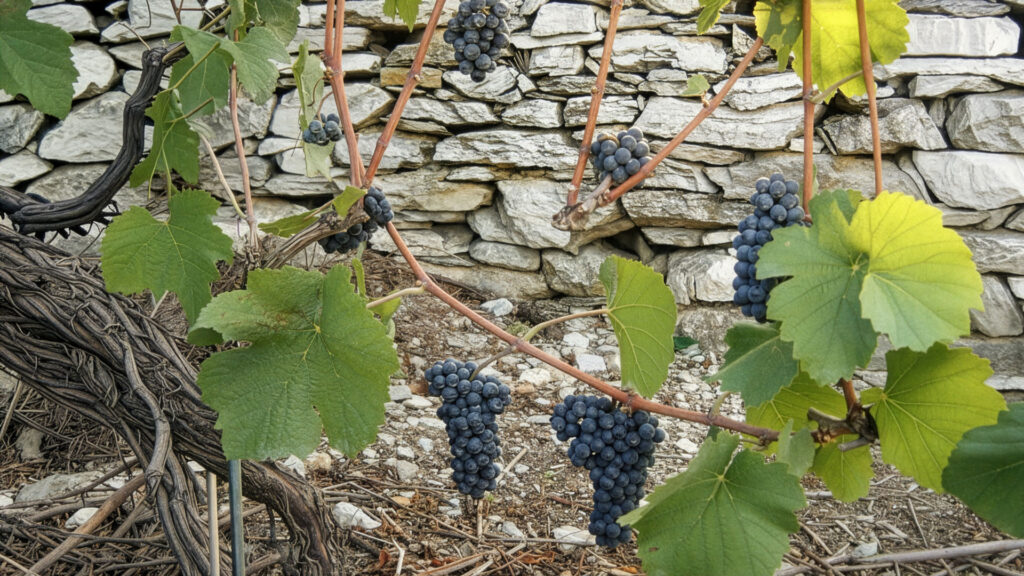 Dunkelblaue Trauben hängen an Reben mit grünen Blättern vor einer Steinmauer.