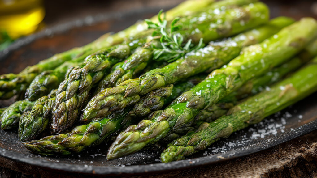 Thema Wein und Spargel: Mehrere gegrillte grüne Spargelstangen auf einem dunklen Teller mit grobem Salz bestreut