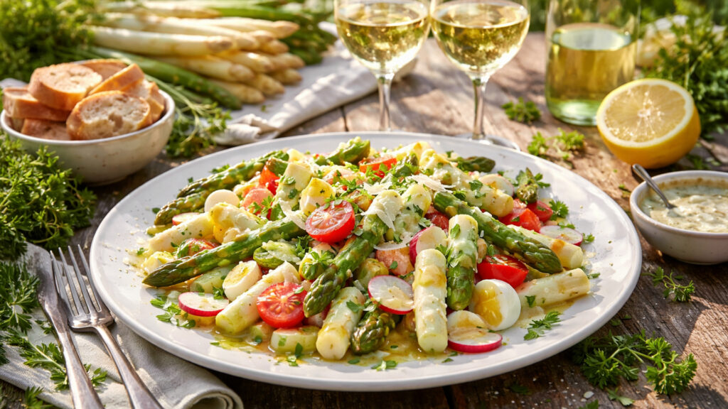 Teller mit grünem und weissem Spargelsalat, Radieschenscheiben, halbierten Kirschtomaten und gehackter Petersilie auf Holztisch mit Weisswein, Zitronenhälfte, Sauce und Brotscheiben im Hintergrund