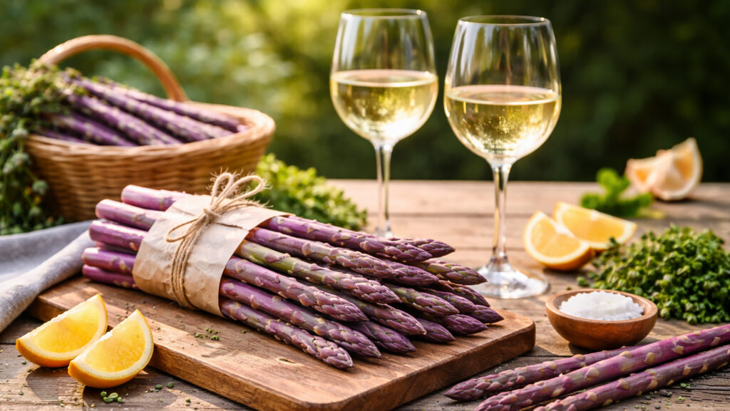 Gebündelter violetter Spargel auf Holzbrett mit Zitronenspalten, Kräutern, Salz in Schale und zwei Gläsern Weisswein auf Holztisch