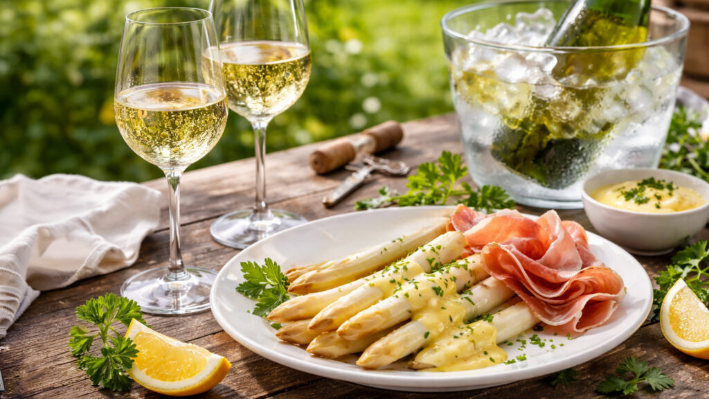 Teller mit weissem Spargel, Sauce Hollandaise und Schinken, daneben zwei Gläser Weisswein und ein Eiskübel mit Weinflasche auf Holztisch