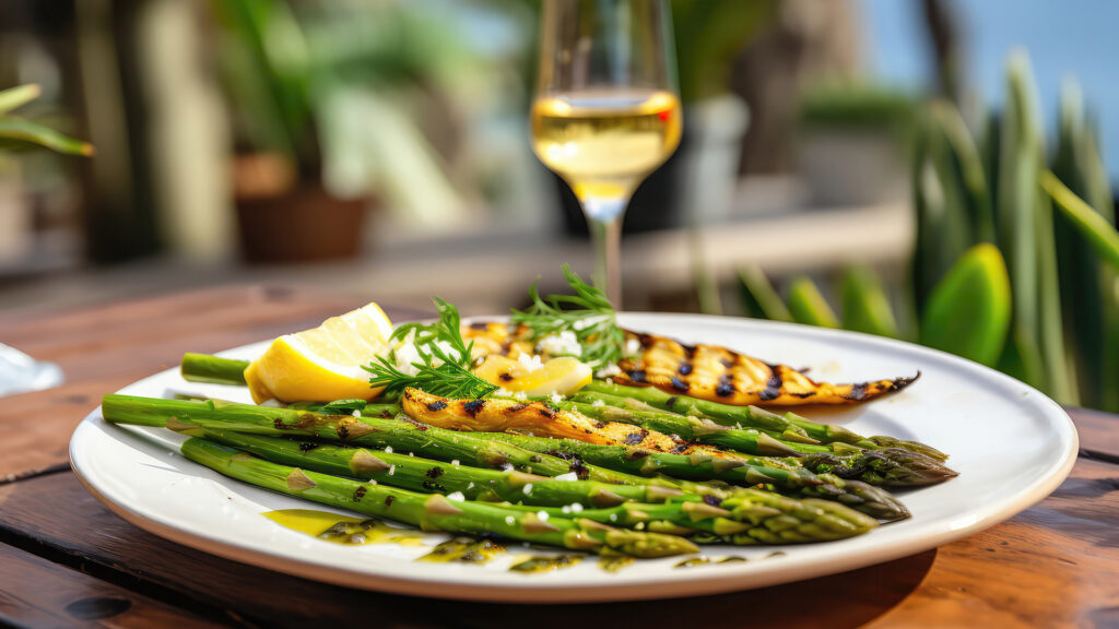 Gegrillte grüne Spargelstangen mit Zitronenschnitz und Kräutern auf weissem Teller vor Glas mit Weisswein